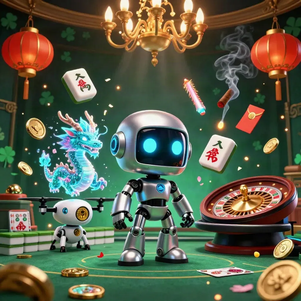 Chrome robot, holographic dragon, and coin drone amid luxe casino lights and gold confetti