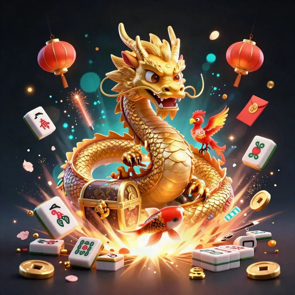 Golden dragon, phoenix, koi, and casino loot explode in a neon casino fantasy scene.