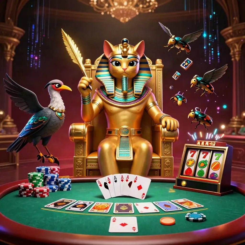 Pharaoh cat, ibis scribe, and gem-wing scarabs amid casino chips, aces, reels, and gold neon glow.
