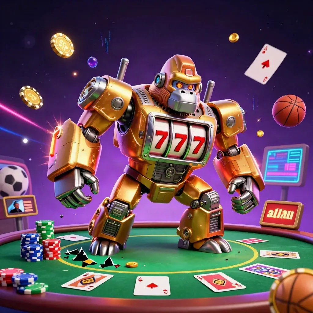 Golden gorilla mech, spinning reels, chips, aces and sports balls in a neon casino storm.