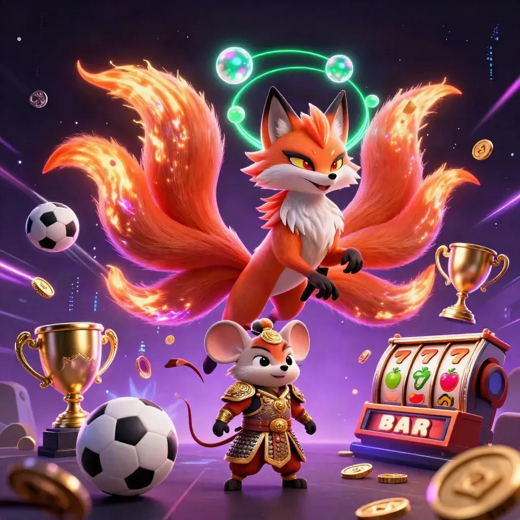 Fox spirit and samurai mouse amid casino magic, balls, coins, trophy, reels, and neon energy