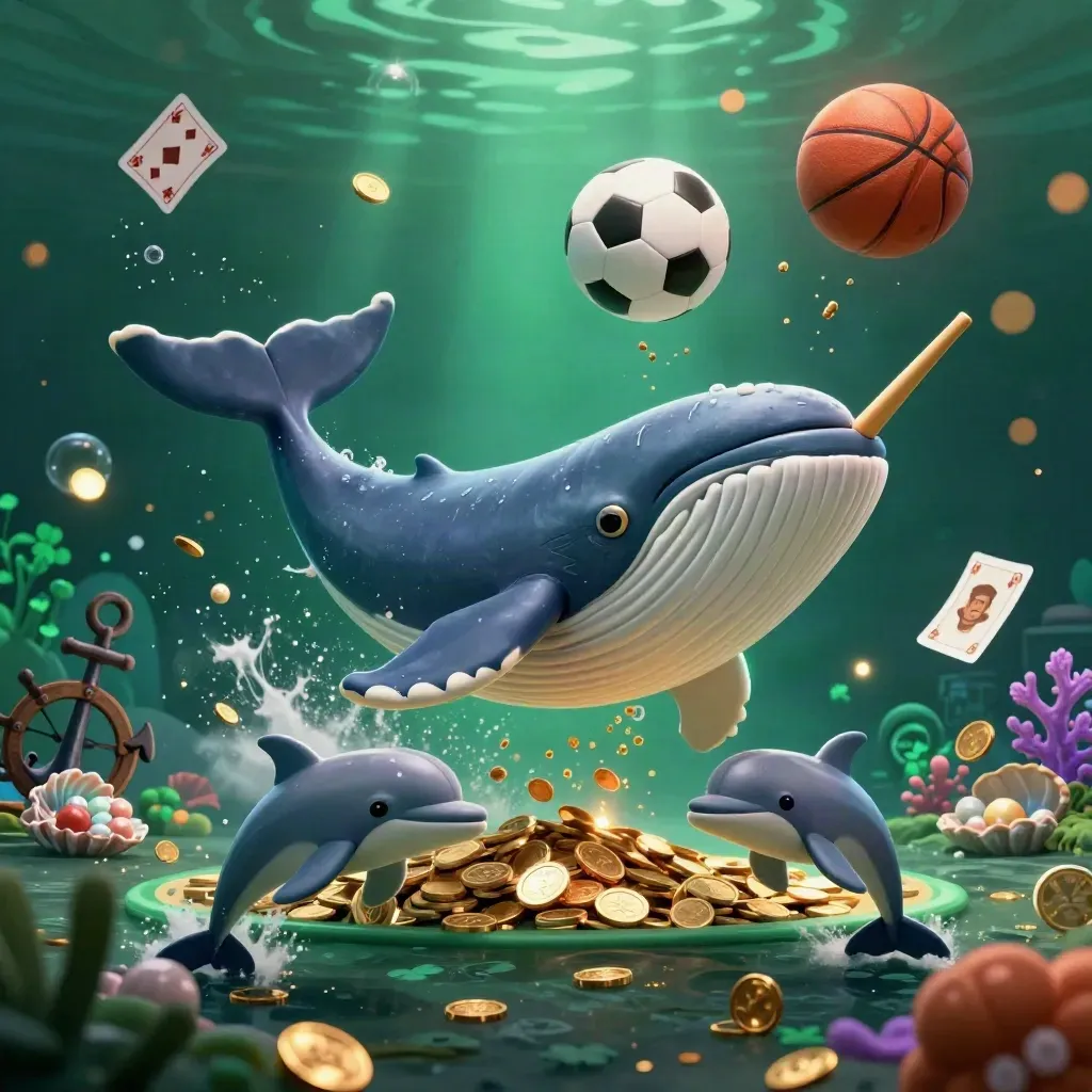 Whale captain, narwhal, and dolphins burst through coin spray with balls and casino treasure.