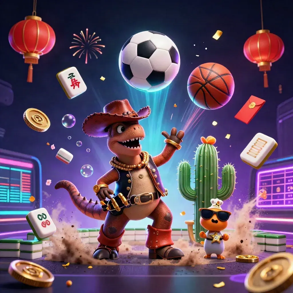 Low-angle neon scene with cowboy T-rex, cactus, roadrunner, soccer ball, lanterns, and coins.