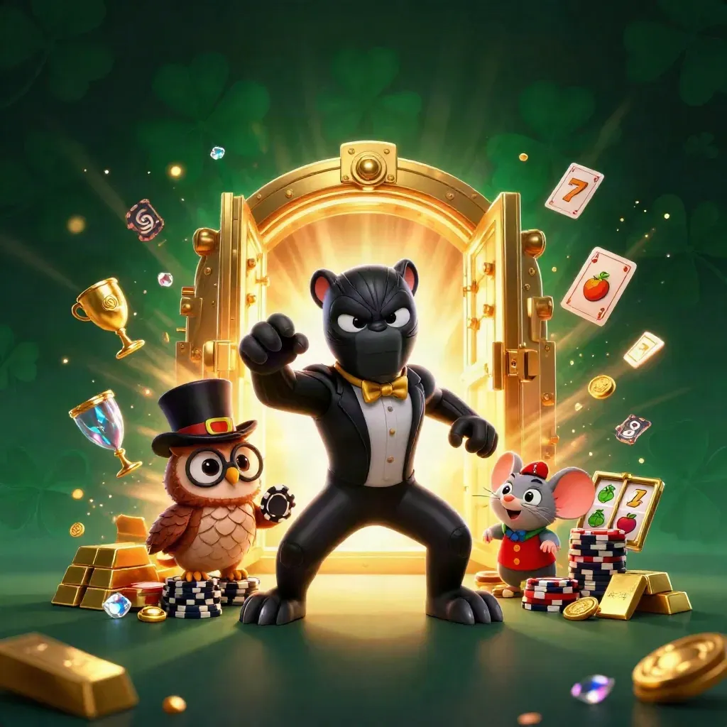 Black panther, owl, and mouse burst from a vault amid glowing casino riches.