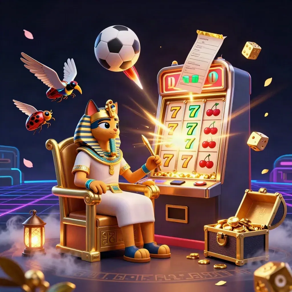 Pharaoh cat, ibis and scarabs amid exploding slot machine, sports balls and gold