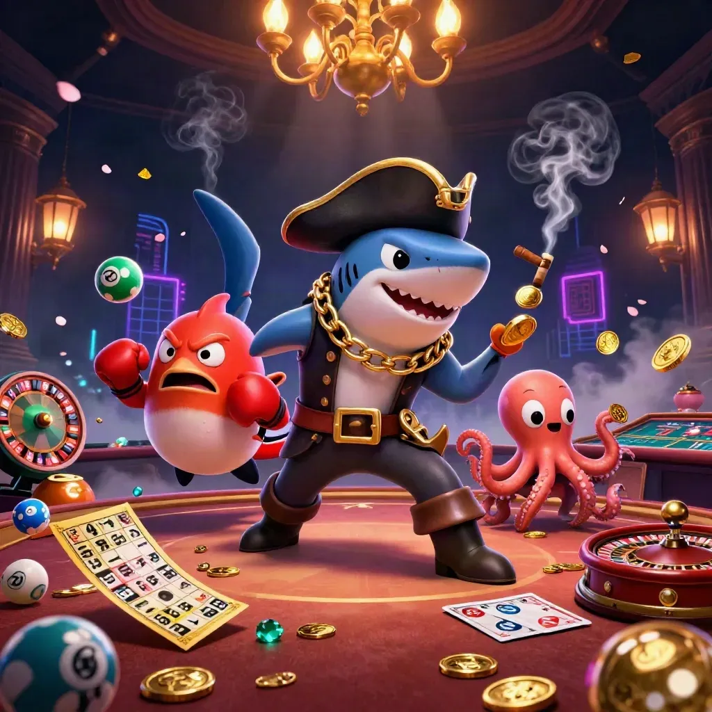 Pirate shark, boxing pufferfish, and coin-juggling octopus in a neon casino explosion.