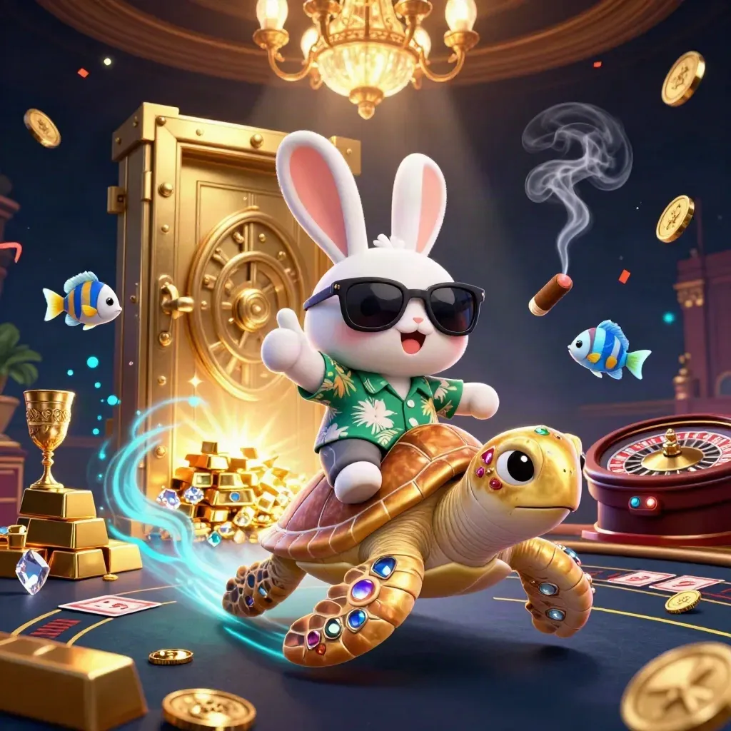 Lucky rabbit on a gem-shell turtle bursts through a glowing vault amid casino treasure and neon sparkles.