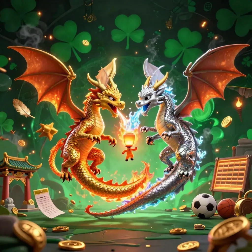 Golden and silver dragons clash in a fiery yin-yang above a temple gate with casino glow