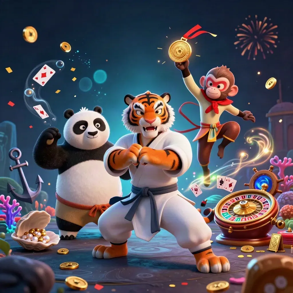 Kung-fu tiger, panda, and monkey amid casino magic, treasure, roulette, and glowing neon effects.