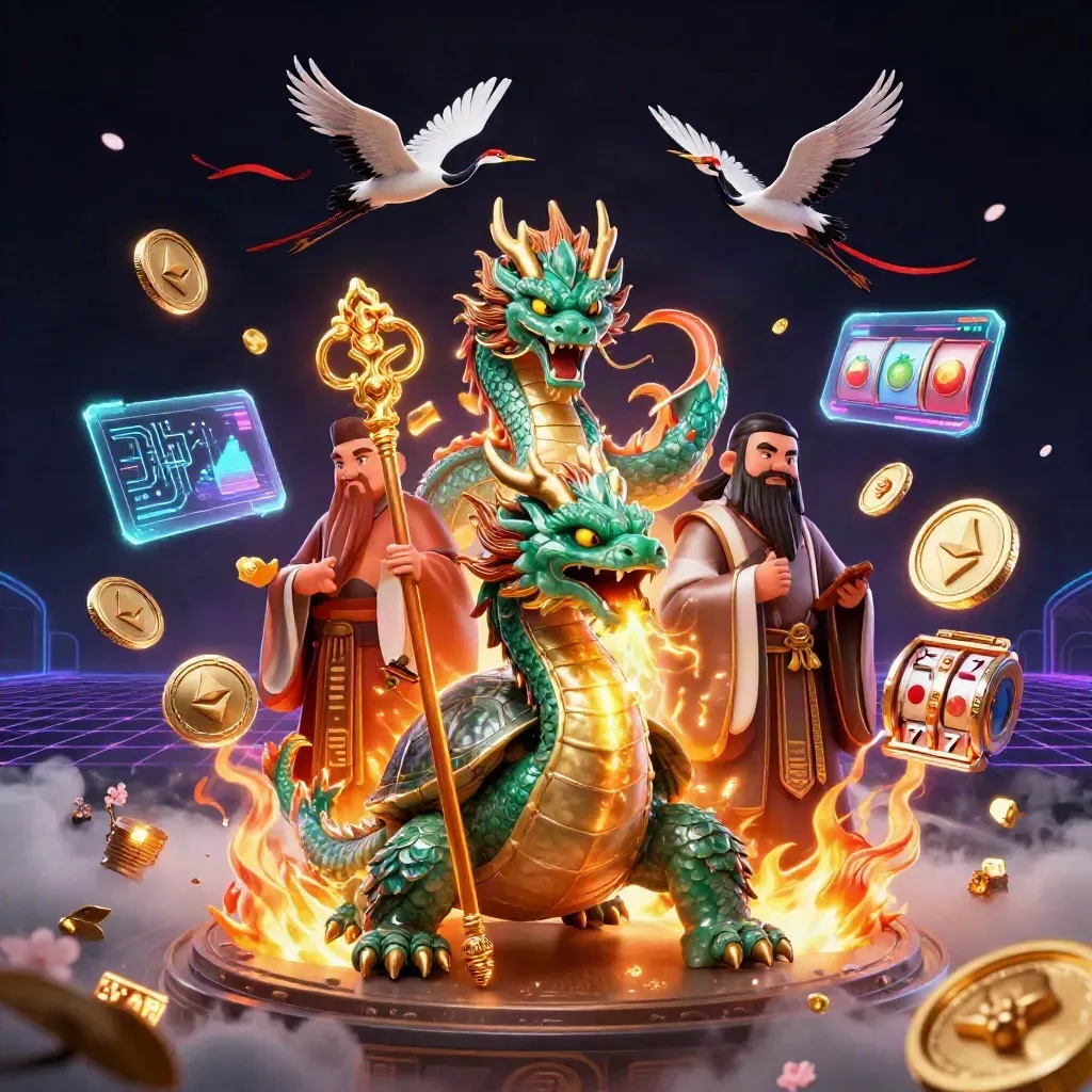 Jade dragon, turtle sage, and cranes amid casino coins, neon tech, and golden fire