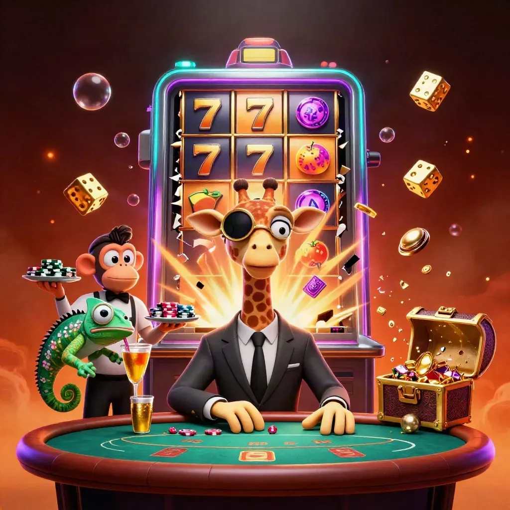 Giraffe, monkey valet, and chameleon bartender amid a bursting slot machine and gold coins.