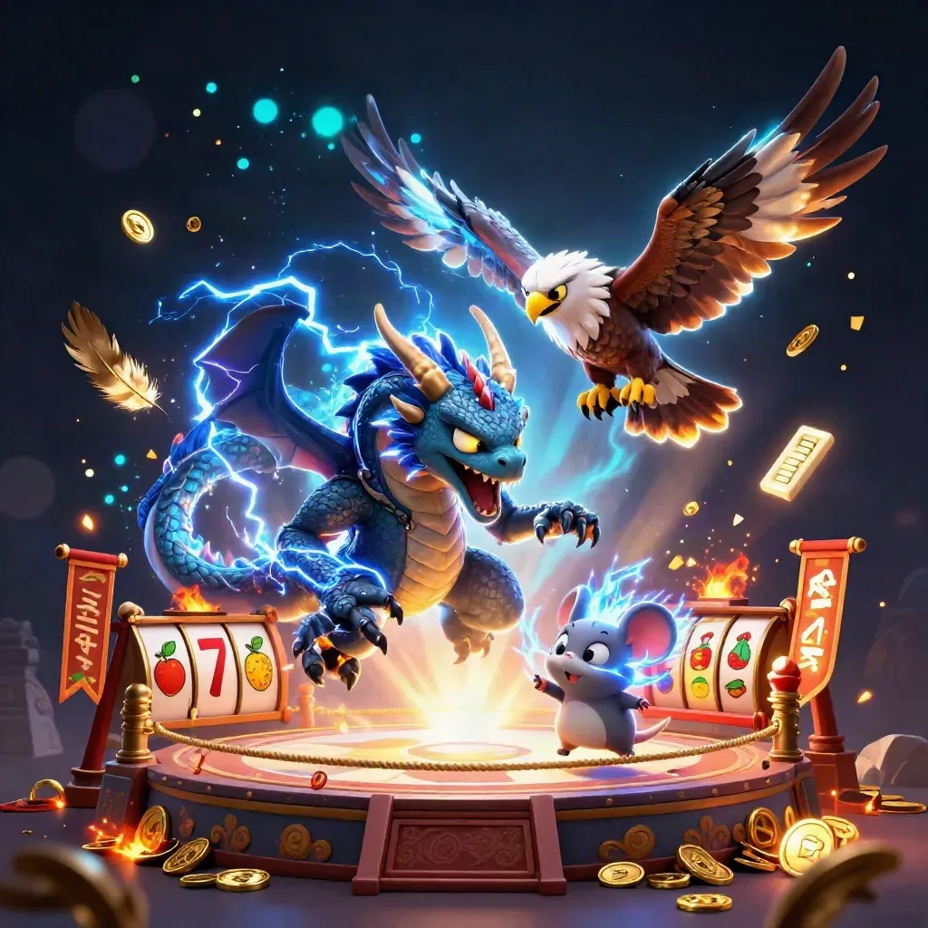Thunder dragon, wind hawk, and static mouse amid casino treasure bursts and neon energy