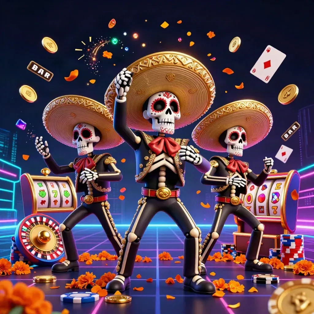 Three skeleton mariachi performers amid coins, gems, chips, neon streaks, and a casino grid.