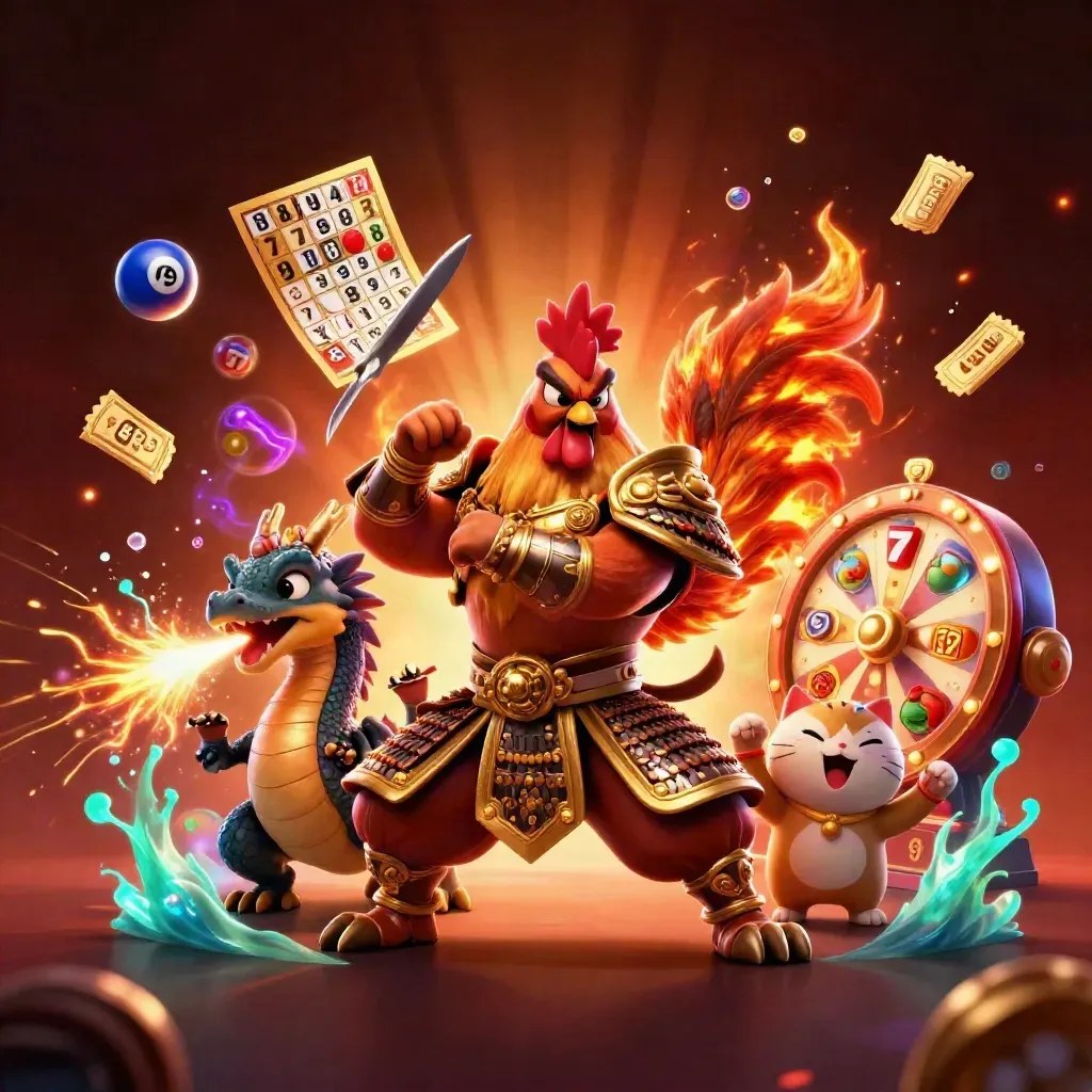Rooster warrior, dragon hatchling, and fortune cat amid casino bursts and neon glow.