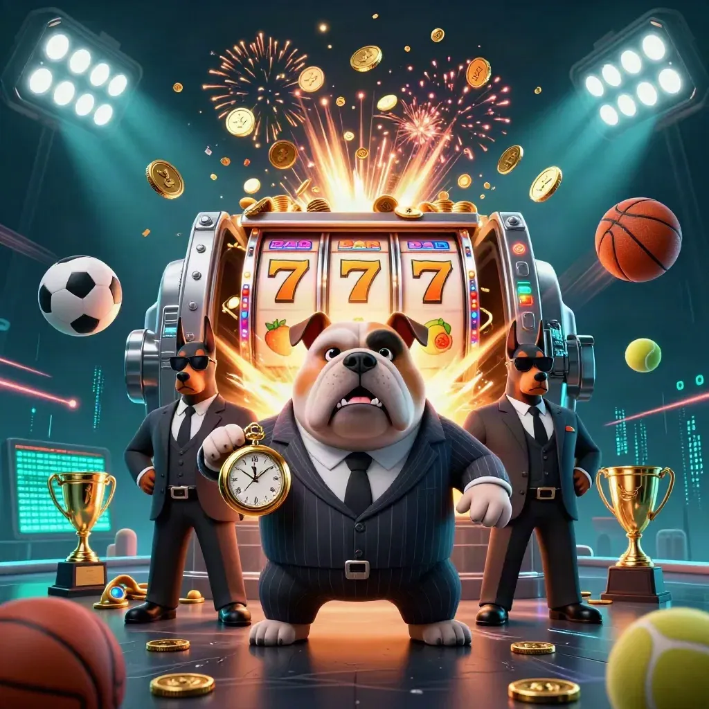 Bulldog boss and Doberman guards amid exploding coins, sports balls, trophy, reels, and neon casino sparks.