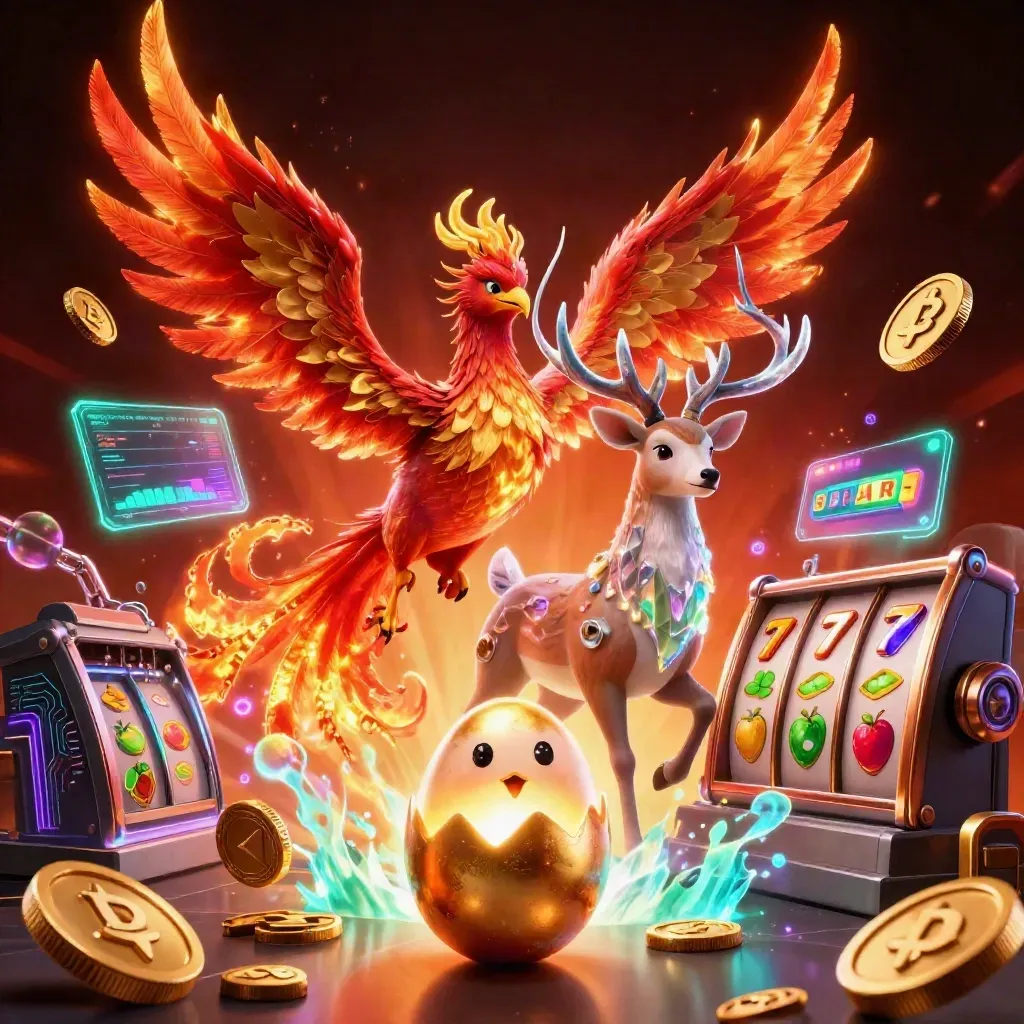 Fire phoenix, hatching chick, and crystal stag amid coins, reels, lightning, and casino glow