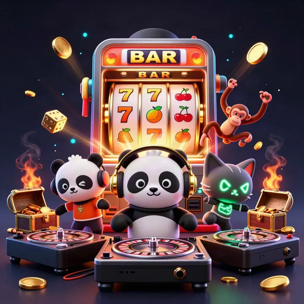 DJ panda, monkey, and glow-stick kitten amid exploding slot machine gold and casino effects