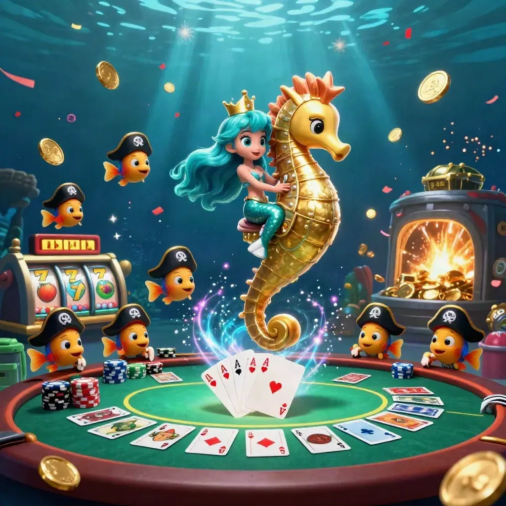 Mermaid princess on a golden seahorse amid chips, aces, coins and fireworks in a dark underwater casino.