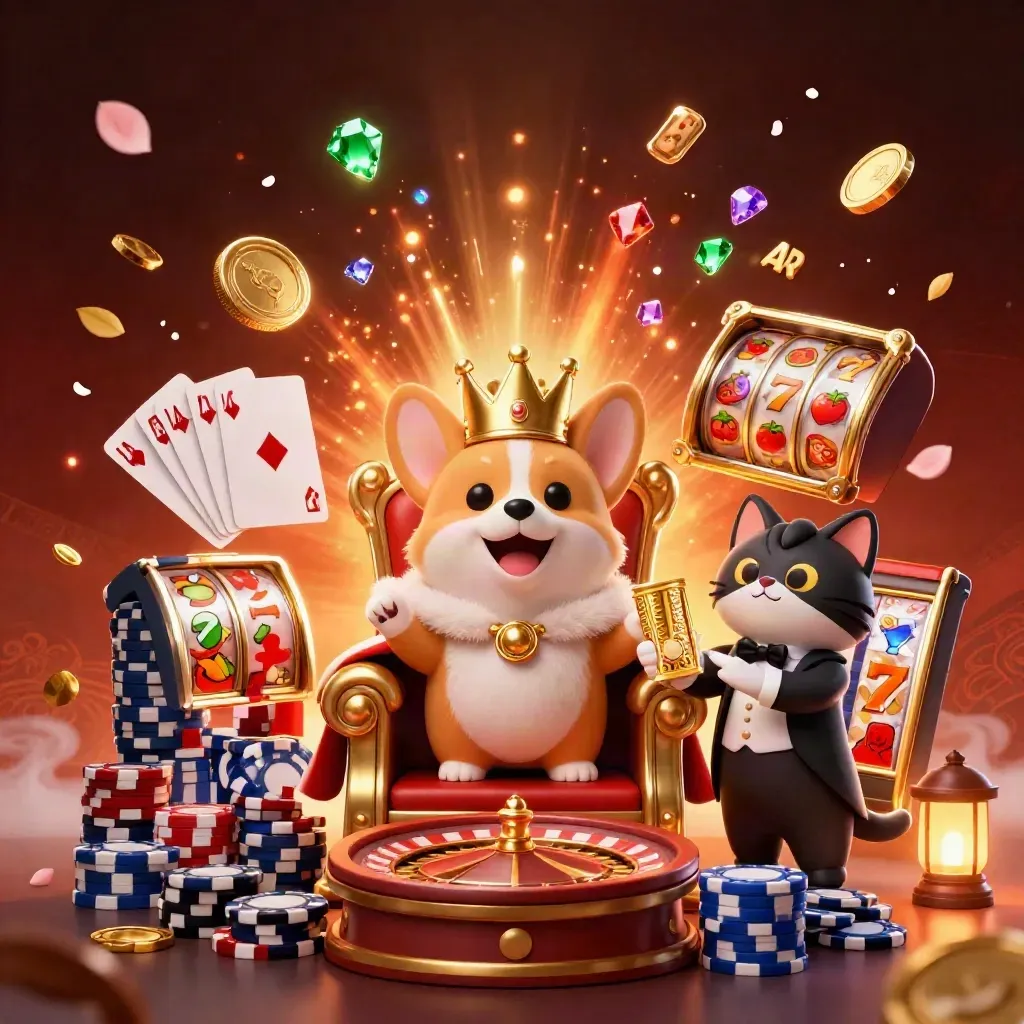 Royal corgi and cat butler amid casino coins, cards, roulette, chips, and glowing effects.