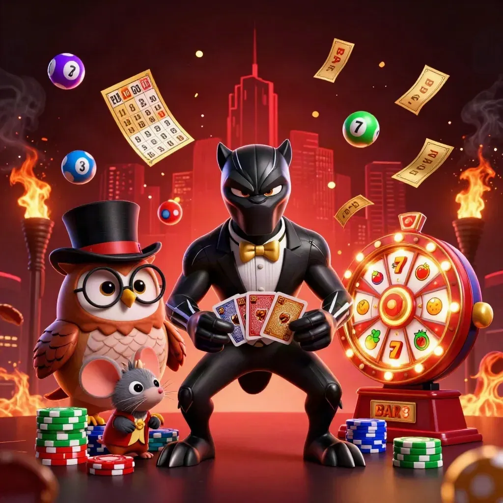 Panther, owl, and mouse amid casino bursts, reels, chips, and glowing lights on dark red-black background.