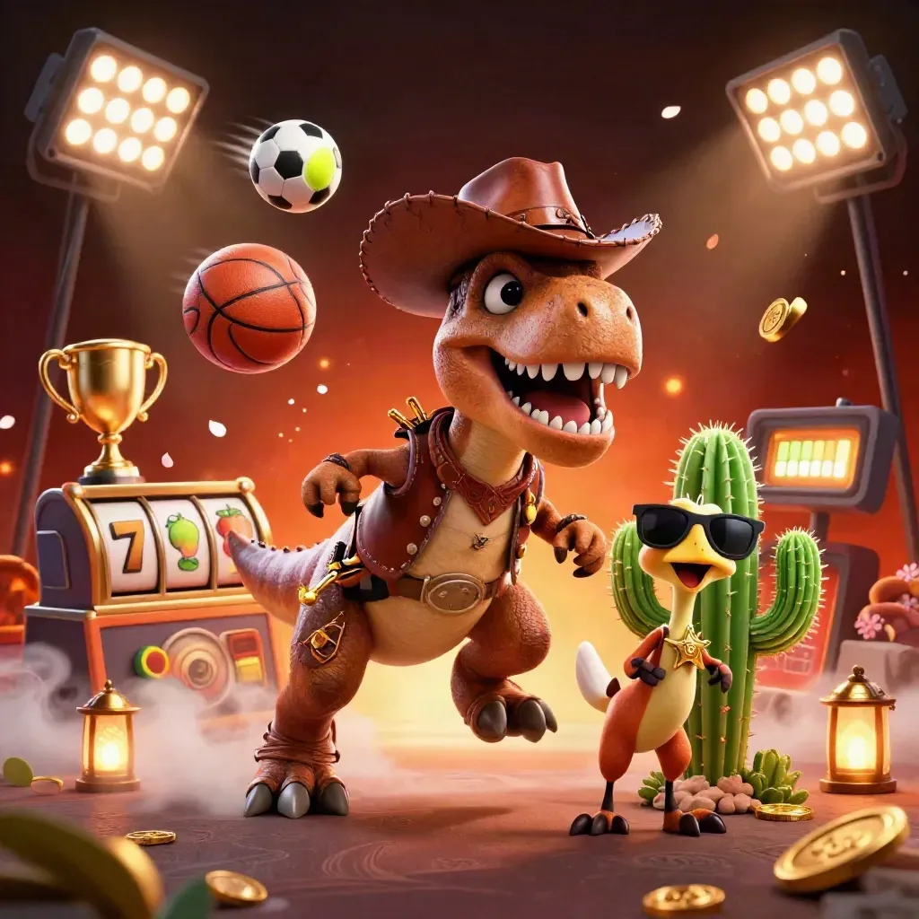 Cowboy T-Rex trio bursting with casino icons, coins, reels, and ember-lit motion on black.