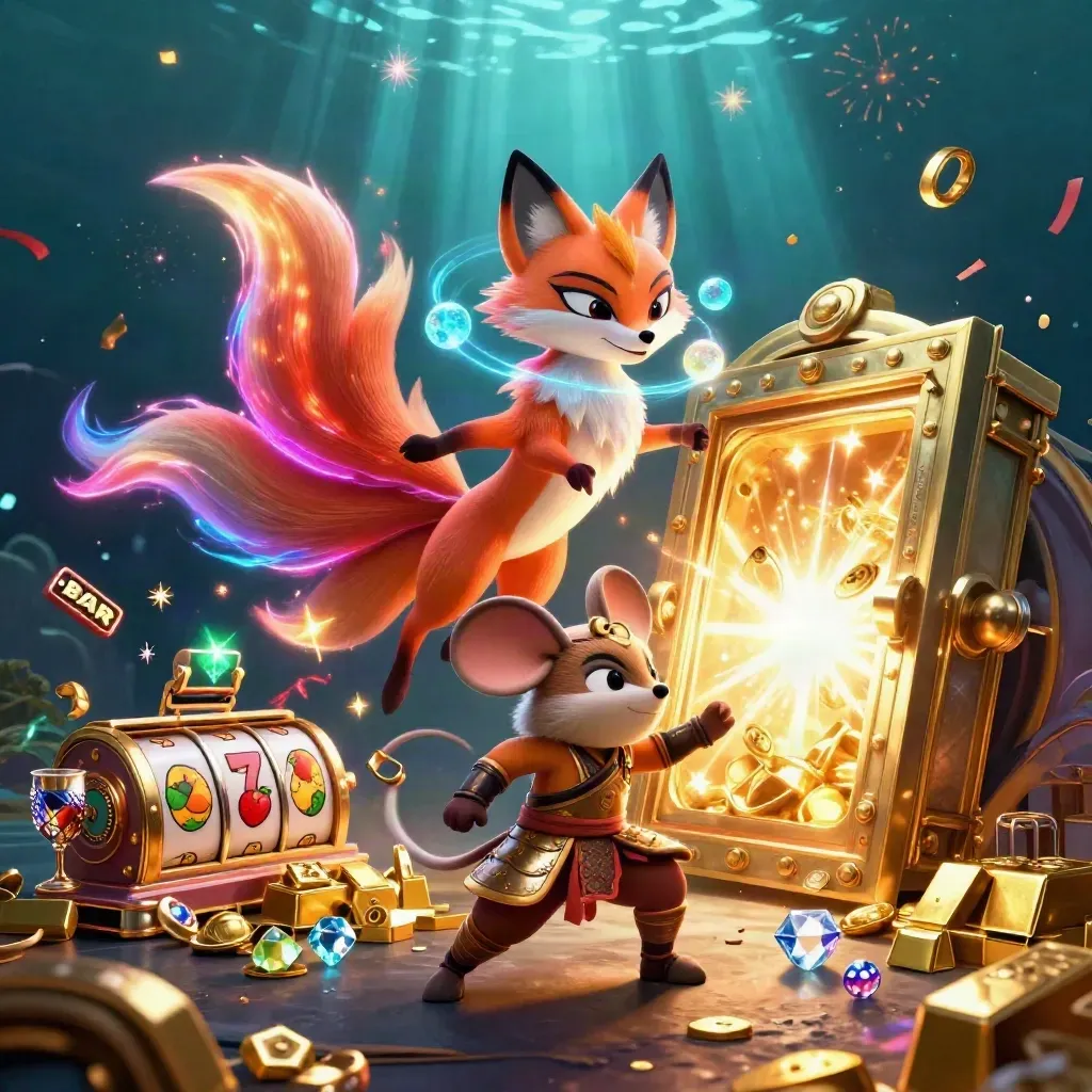 Neon fox spirit and samurai mouse amid vault gold, reels, sparkles, and dark casino glow.