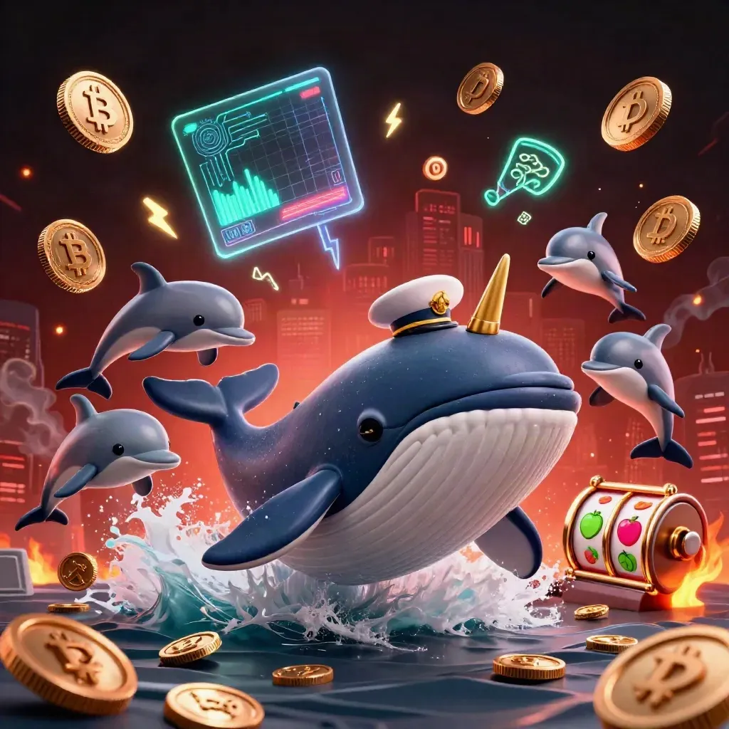 Whale captain, narwhal, and dolphins explode through casino coins and neon crypto effects.