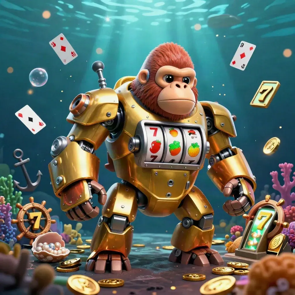 Golden gorilla slot-mech with monkey pilot in an underwater casino treasure cove, glowing neon.