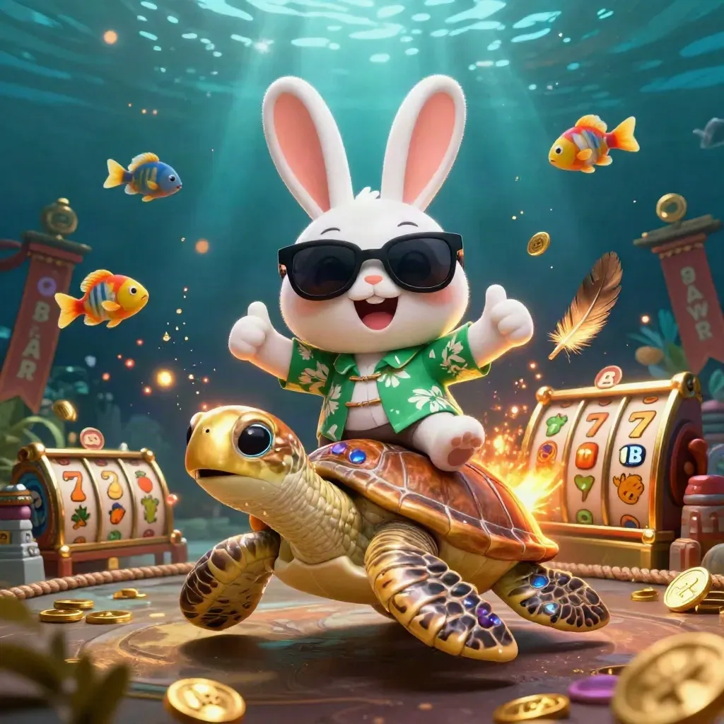 Lucky rabbit rides a gold sea turtle through casino treasures and glowing underwater lights.