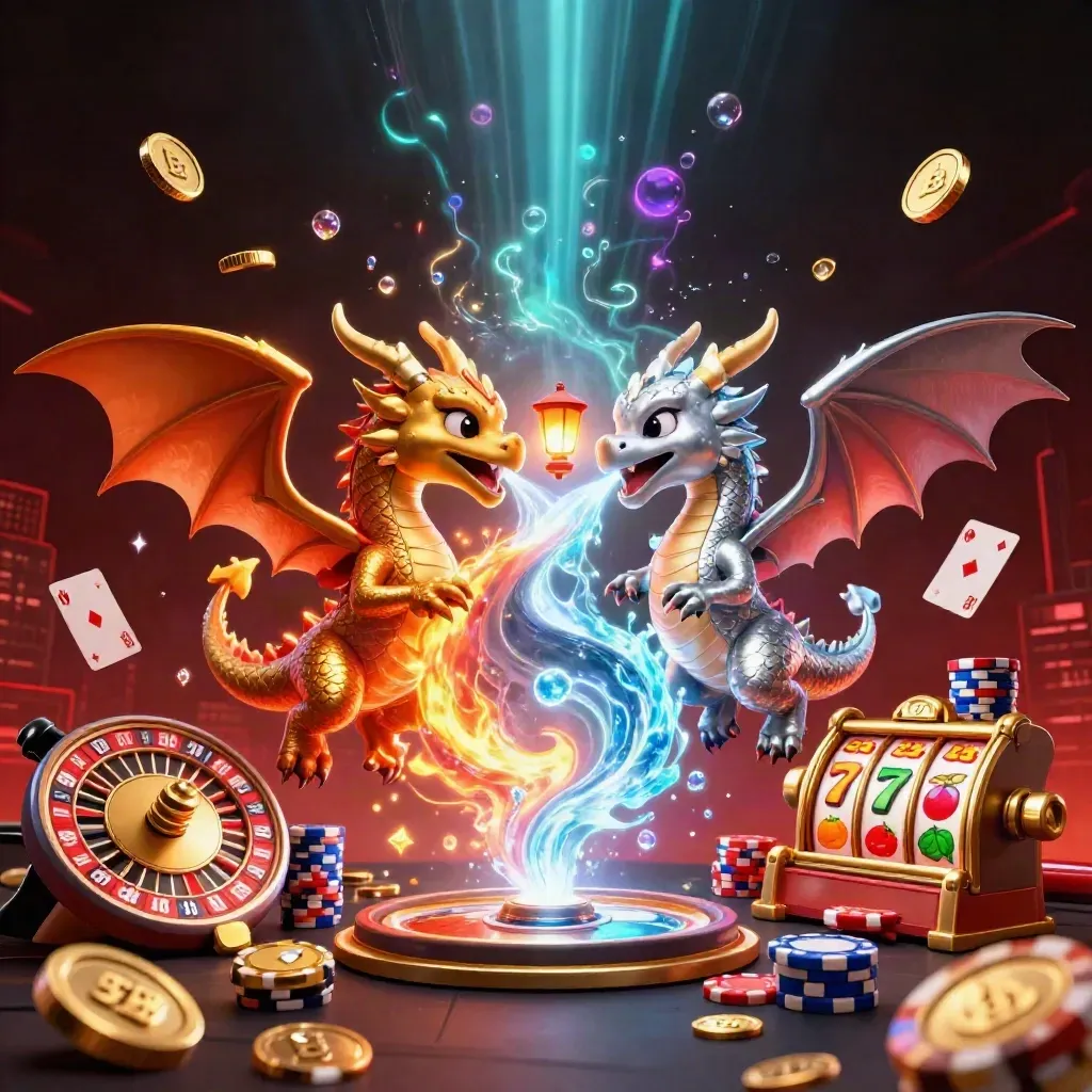 Twin dragons spiral with coins, cards, reels, chips, and neon casino glow.